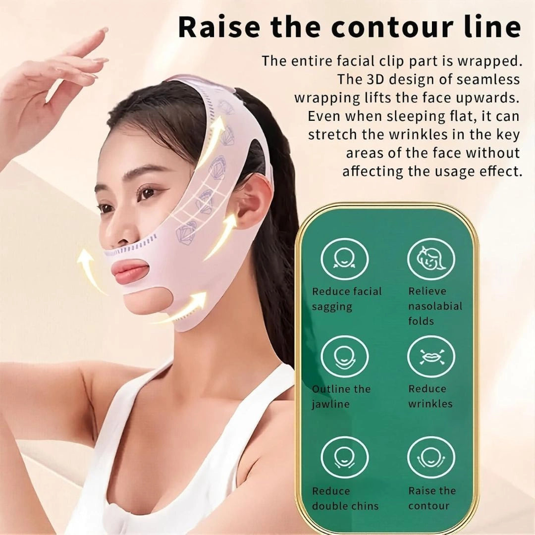 Woman wearing V line face belt showing jawline contour