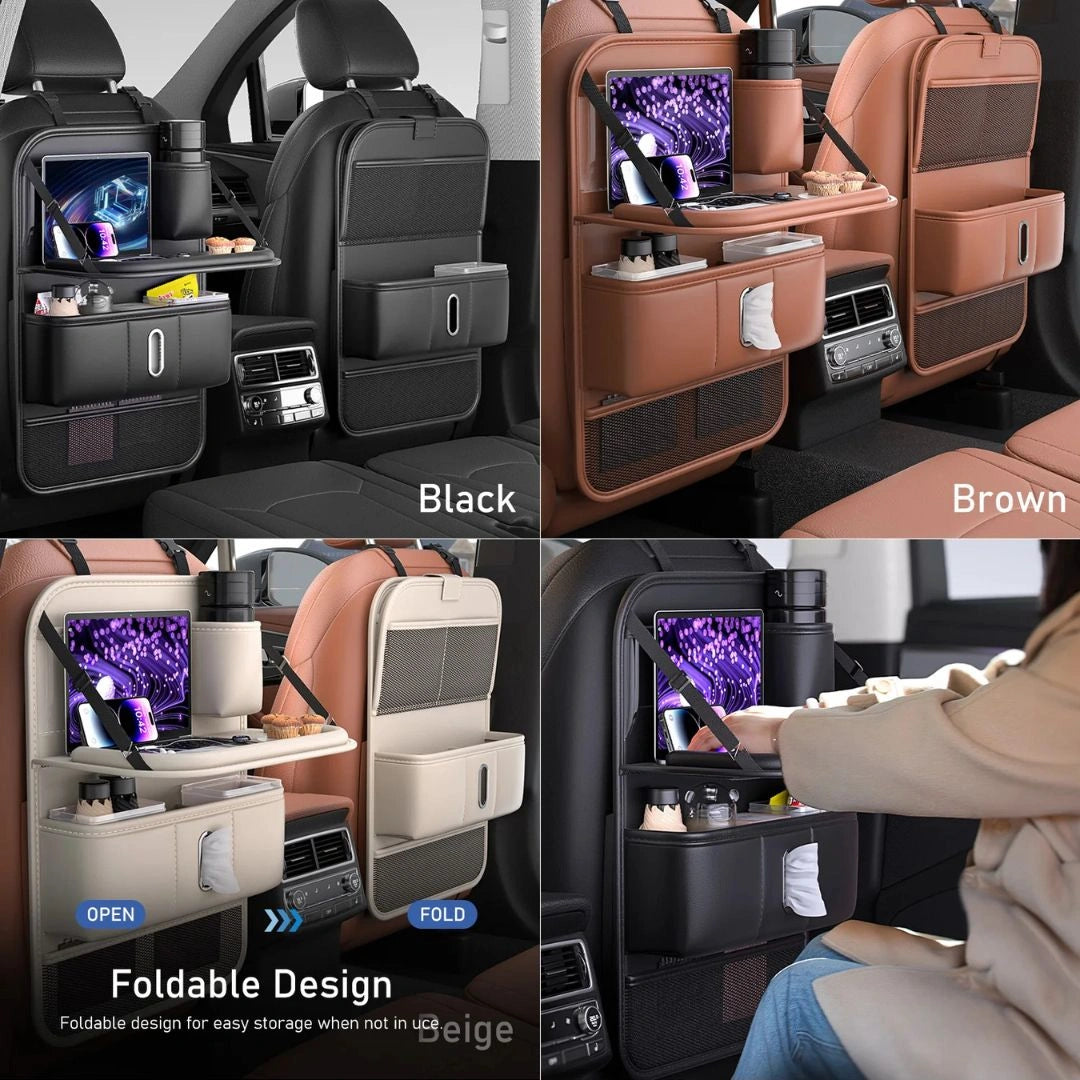 Foldable leather car back seat organizer
